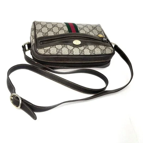 GUCCI Logo Sherry GG Pattern Shoulder Bag PVC Leather Brown Gold Italy 38FA142